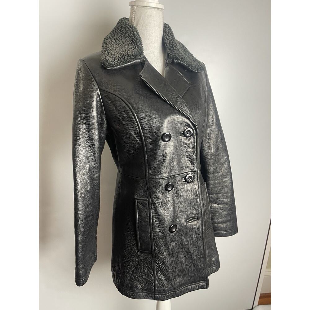 Vintage Women's Black Genuin Leather Coat Jacket Faux Fur Collar Double Breasted